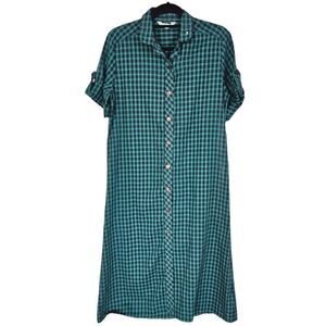 Vintage Miss Fashionality '60s Green Plaid Short Sleeve Midi Shirt Dress 15-16